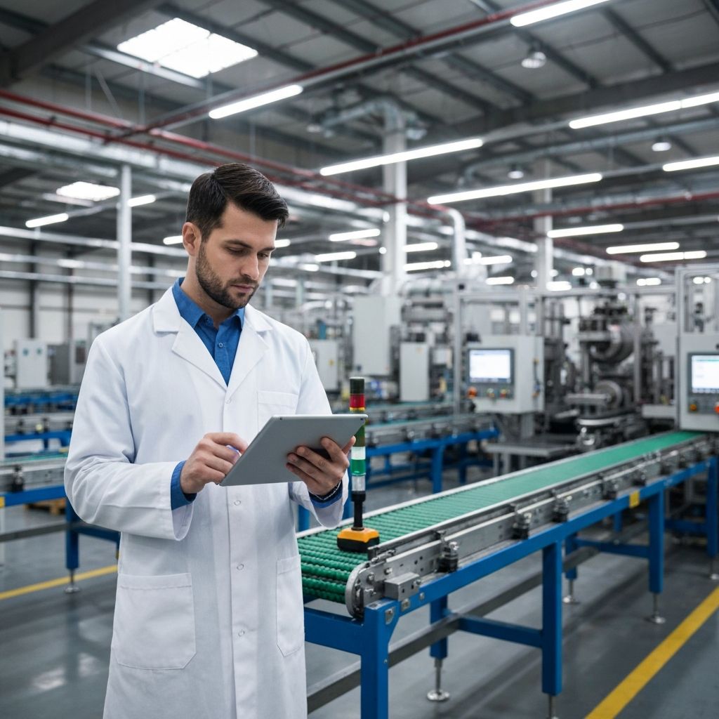 Profesional realizando auditoría energética en instalación industrial con medidor y tablet